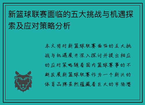 新篮球联赛面临的五大挑战与机遇探索及应对策略分析